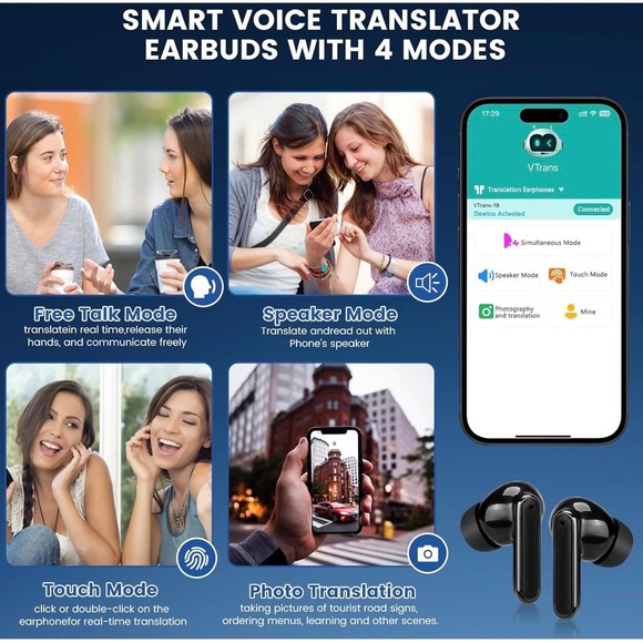 Virans VTrans AI Language Translation Earbuds 150 Languages Bluetooth 5.4 Black - Picture 7 of 7